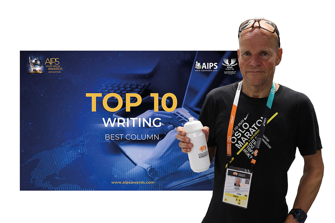 Kondisredaktør Runar Gilberg nådde høyt opp i The AIPS Sport Media Awards i kategorien Writing Best Column. Her er han avbildet under VM i friidrett i fjor, som han dekket for Kondis. (Foto/montasje: Arne Dag Myking)