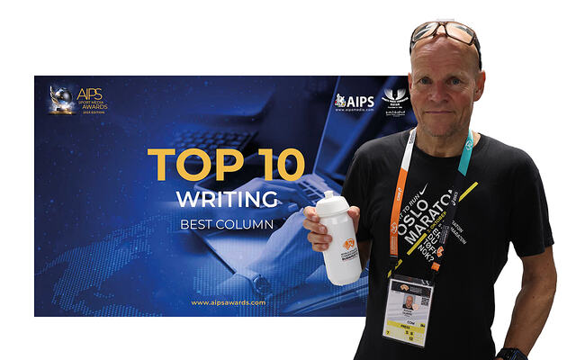 Kondisredaktør Runar Gilberg nådde høyt opp i The AIPS Sport Media Awards i kategorien Writing Best Column. Her er han avbildet under VM i friidrett i fjor, som han dekket for Kondis. (Foto/montasje: Arne Dag Myking)