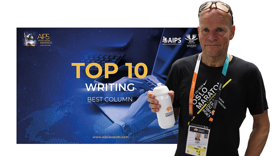 Kondisredaktør Runar Gilberg nådde høyt opp i The AIPS Sport Media Awards i kategorien Writing Best Column. Her er han avbildet under VM i friidrett i fjor, som han dekket for Kondis. (Foto/montasje: Arne Dag Myking)
