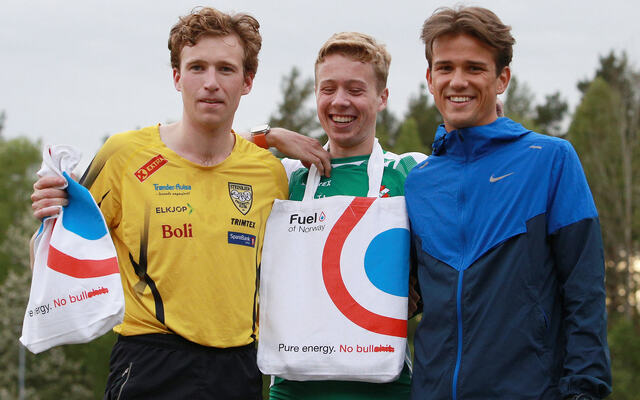 Tre seniorvinnere i Per Halle Invitational: Mathias Flak (5000 meter), Håkon Moe Berg (1500 meter) og Markus Westhagen (800 meter). (Alle foto: Kjell Vigestad)
