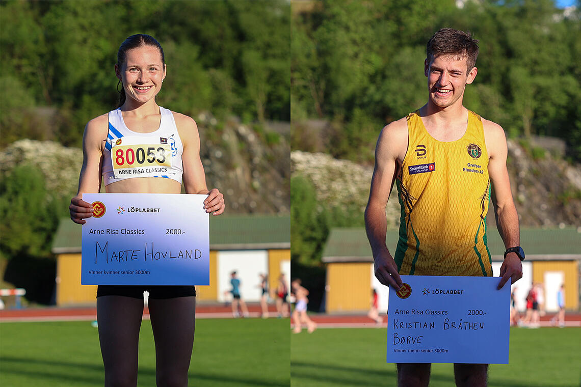 Marte Hovland fra Vik IL og Kristian Bråthen Børve fra Ull/Kisa var de beste på 3000 meter i Arne Risa Classic, begge er under 20 år. (Alle foto: Arne Dag Myking)