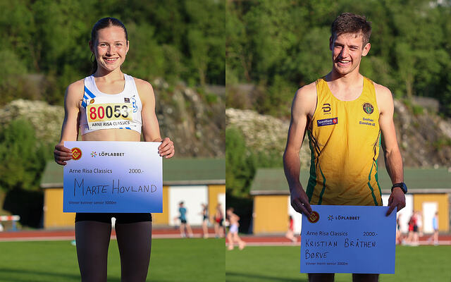 Marte Hovland fra Vik IL og Kristian Bråthen Børve fra Ull/Kisa var de beste på 3000 meter i Arne Risa Classic, begge er under 20 år. (Alle foto: Arne Dag Myking)