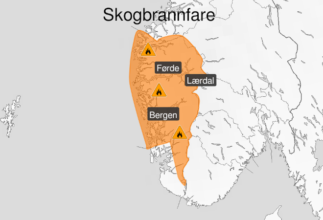 Kart som syner stor skogbrannfare på Vestlandet og deler av Rogaland.