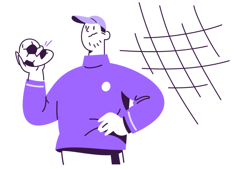 Illustrasjon av mannlig figur i lilla genser som holder en punktert fotball i hånden