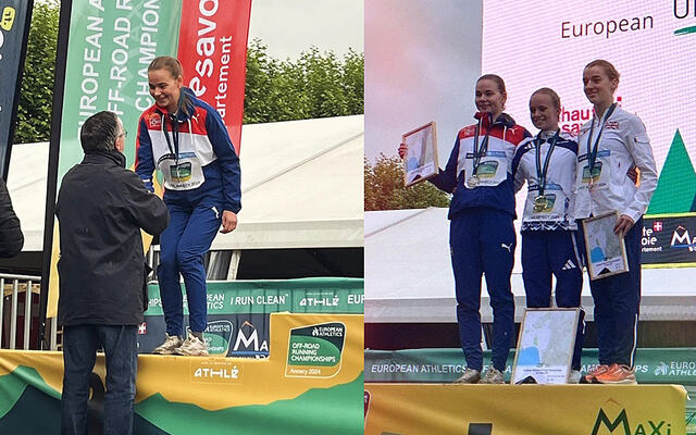 Premiepallen i Womens Up & Down U20 Race: Ingeborg Synstnes Hole mottar en sølvmedalje. (Foto: Norwegian Mountainrunning)