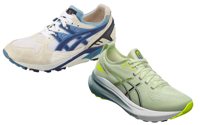 Første utgave av Asics Gel-Kayano (til venstre) kom i 1993, mens modellen til høyre er årets modell og den 31. i rekken av Kayano. (Alle foto: Asics)