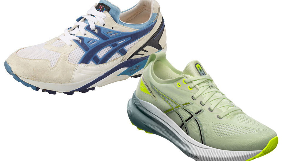 Første utgave av Asics Gel-Kayano (til venstre) kom i 1993, mens modellen til høyre er årets modell og den 31. i rekken av Kayano. (Alle foto: Asics)