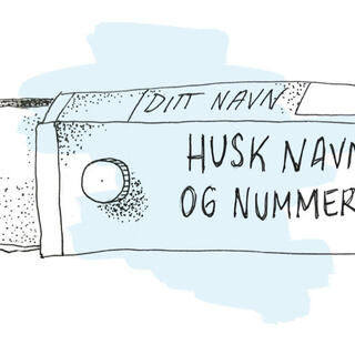 Tegning av en kubbe med drikkekartong, med tekst: Husk navn og nummer