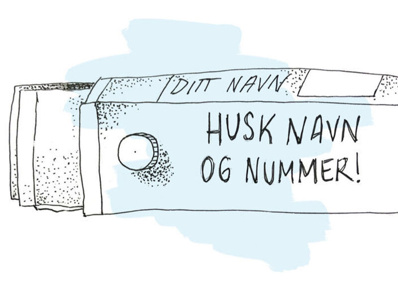 Tegning av en kubbe med drikkekartong, med tekst: Husk navn og nummer