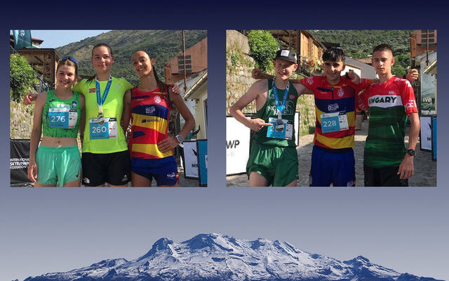 Det ble flere norske medaljer til Norge i ungdoms-VM i Skyrace. Deriblant til Ingeborg Synstnes Hole (i midten på bildet til venstre) og Isak Drøpping (til venstre på bildet til høyre). (Foto: Youth Skyrunning World Champs)