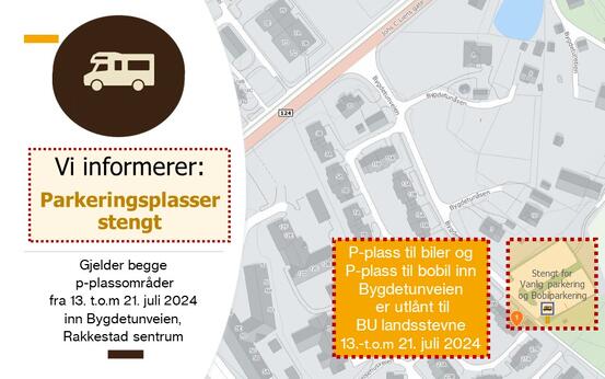 Parkeringsplasser inn Bygdetunveien, Rakkestad stengt fra 13. juli t.o.m 21. juli 2024 pga BU Landsstevne - Rakkestad kommune
