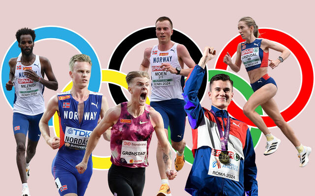 Tre av de seks OL-uttatte norske mellom- og langdistanseløperne skal i aksjon allerede på fredag. Nordås og Ingebrigtsen løper 1500 m-forsøk, mens Grøvdal skal prøve å kvalifisere seg for 5000 m-finalen. (Illustrasjon: Bjørn Johannessen)