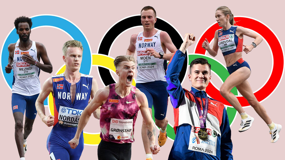 Tre av de seks OL-uttatte norske mellom- og langdistanseløperne skal i aksjon allerede på fredag. Nordås og Ingebrigtsen løper 1500 m-forsøk, mens Grøvdal skal prøve å kvalifisere seg for 5000 m-finalen. (Illustrasjon: Bjørn Johannessen)