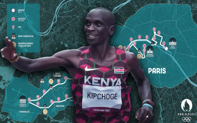 Det er en uvanlig tøff maratonløype som venter Eliud Kipchoge og de andre maratonløperne i Paris. (Illustrasjon: Tom-Arild Hansen)