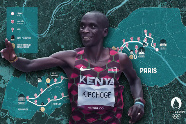 Det er en uvanlig tøff maratonløype som venter Eliud Kipchoge og de andre maratonløperne i Paris. (Illustrasjon: Tom-Arild Hansen)