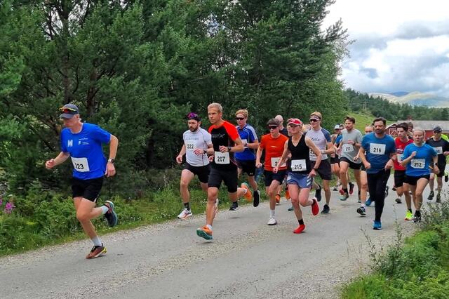 Martin Øyen Tøraasen og resten av feltet bestående av 25 løpere rett etter starten i Grimsbu. (Foto: Folldal IF)