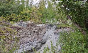 Bilde fra skredområdet i Brennelv 2.8.2024. Foto: Porsanger kommune
