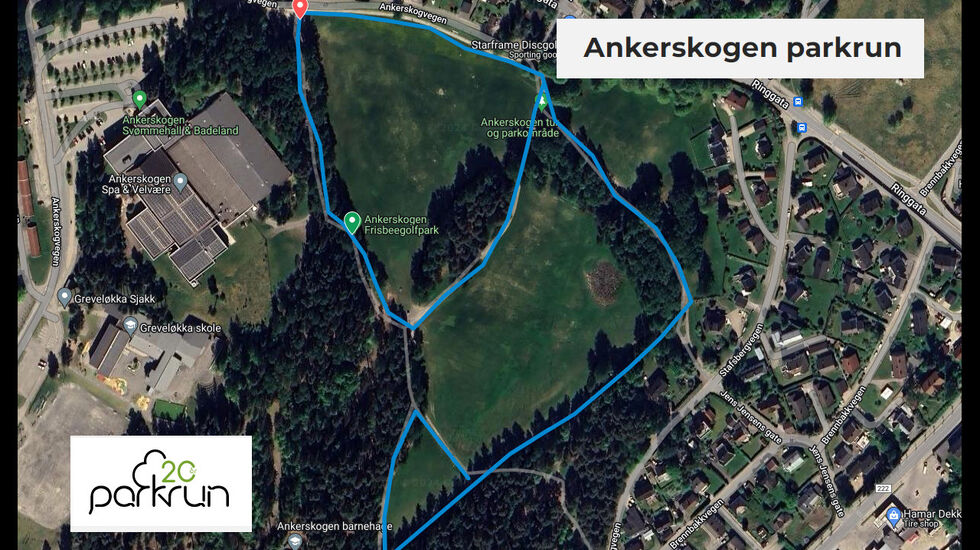 Løypekart for Ankerskogen Parkrun på Hamar som blir den tiende plassen i Norge der det arrangeres parkrun.