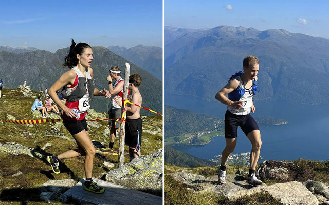 Jeanette Haugsbø og Øyvind Heiberg Sundby klatra dei 972 høgdemetrane frå Balestrand sentrum til Raudmelen aller fortast. (Foto: Christian Prestegaard)