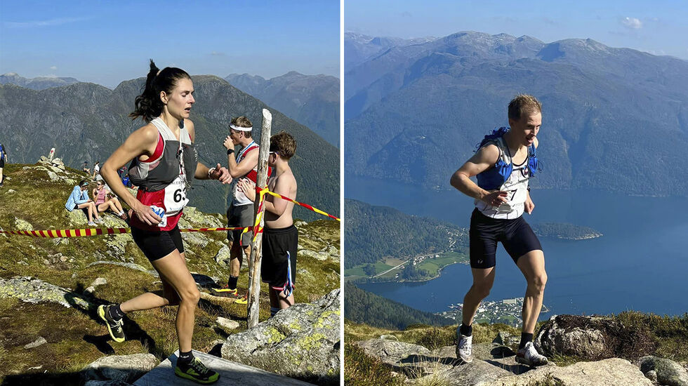 Jeanette Haugsbø og Øyvind Heiberg Sundby klatra dei 972 høgdemetrane frå Balestrand sentrum til Raudmelen aller fortast. (Foto: Christian Prestegaard) 