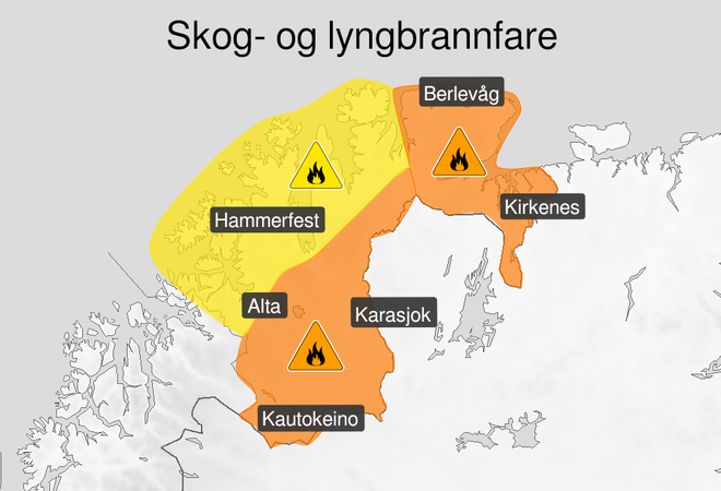 Kart over stor skogbrannsfare, oransje nivå, Finnmarksvidda