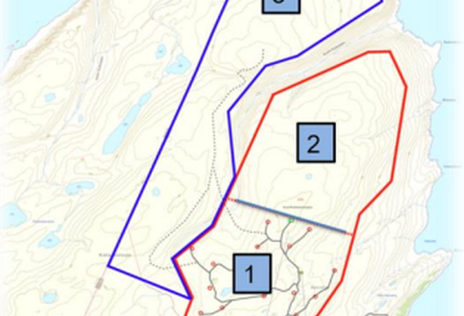 På Bilde: Kart over plan for vindkraft på Hamnefjell.