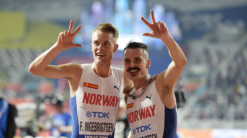 Filip og Henrik Ingebrigtsen da de jubla for å ha gått videre til finalen på 5000 m under VM i Doha i 2019. (Foto: Bjørn Johannessen)
