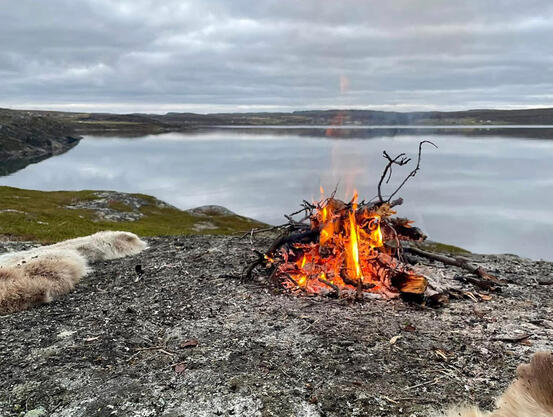 Bilde av bål ved en speilblank fjord