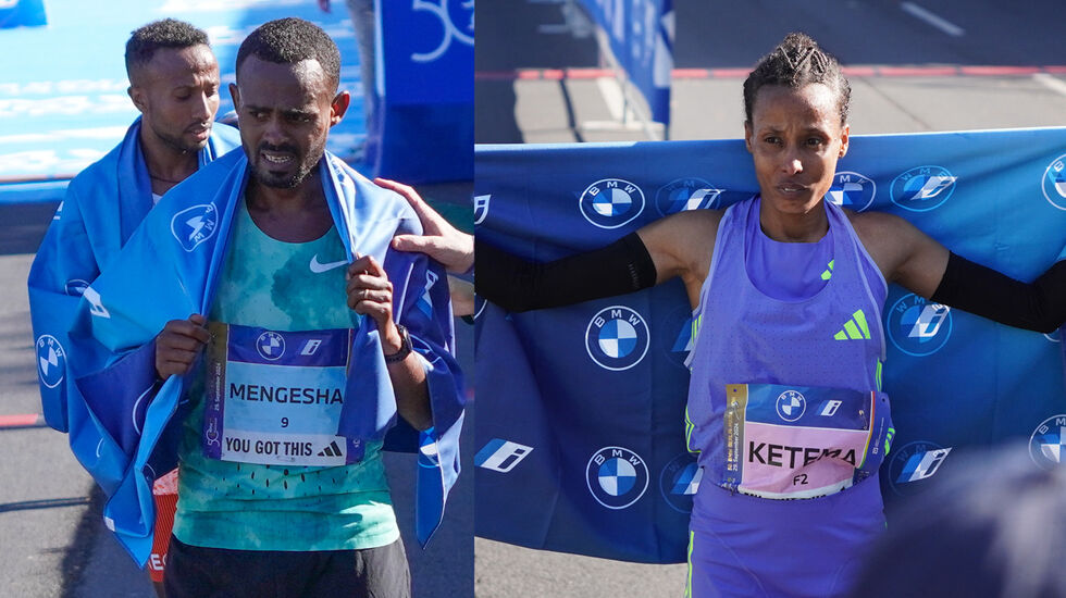 Etiopierne Milkesa Mengesha og Tigist Ketema var først over målseglet i årets Berlin Marathon. (Foto: Linn Synnøve Leidal-Røhme)