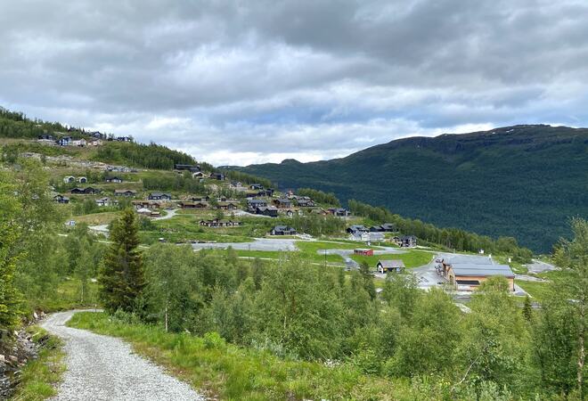 Dalalåven og hytter i Hodlekve sette frå grusa sti innover fjellet.