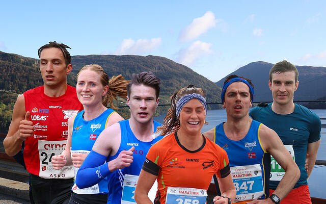 Trygve Feidje Mjelde, Lina Rivedal, Jarand Blom, Helena Hope, Tage Morken Augustson og Callum Smith er noen av de aller beste løperne i startfeltet på Sørfjorden halvmaraton. (Foto/montasje: Arne Dag Myking)