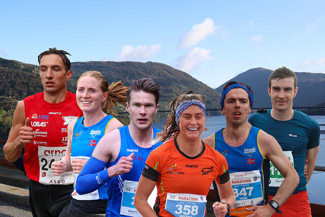 Trygve Feidje Mjelde, Lina Rivedal, Jarand Blom, Helena Hope, Tage Morken Augustson og Callum Smith er noen av de aller beste løperne i startfeltet på Sørfjorden halvmaraton. (Foto/montasje: Arne Dag Myking)
