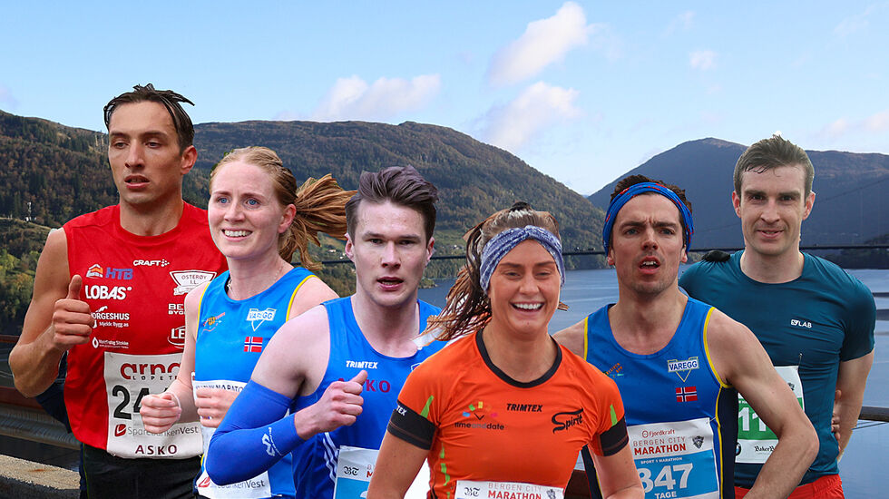 Trygve Feidje Mjelde, Lina Rivedal, Jarand Blom, Helena Hope, Tage Morken Augustson og Callum Smith er noen av de aller beste løperne i startfeltet på Sørfjorden halvmaraton. (Foto/montasje: Arne Dag Myking)