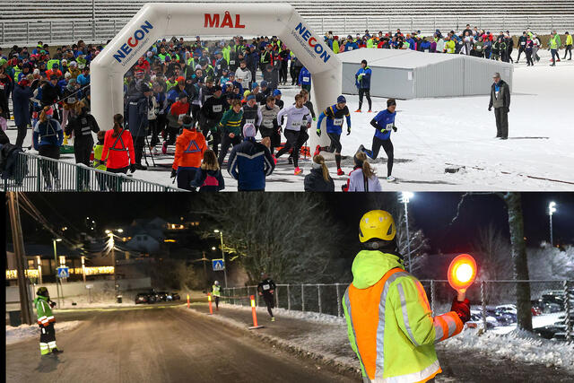I dag må løperne krysse veien utenfor Fana Stadion siden gangtunnelen er stengt.