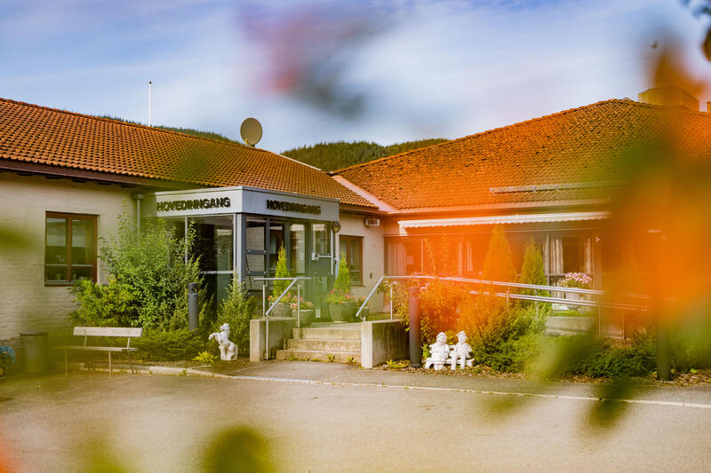 Horg helse- og omsorgssenter sett gjennom duse oransje høstblader