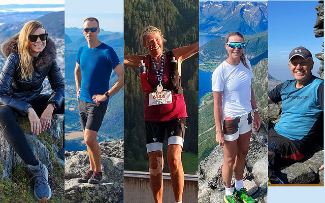 Disse fem har samlet til sammen 320.867 høydemeter. Det tilsvarer høyden til Mount Everest 36 ganger: Benedicte Westfal-Larsen, Jan Petter Vad, Kirste Sandness, Sissel Kamsvåg og Alf-Erik Birkeland. (Fotomontasje: Arne Dag Myking)
