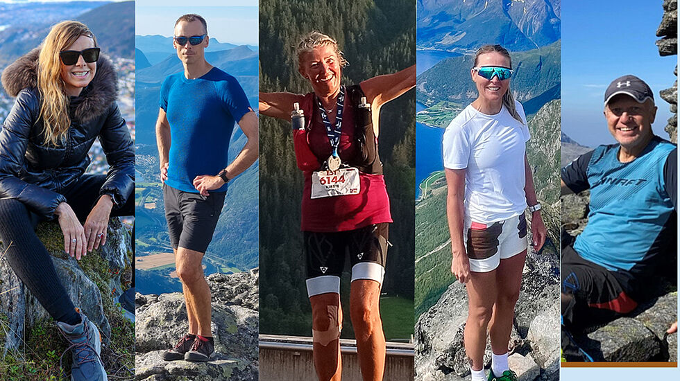 Disse fem har samlet til sammen 320.867 høydemeter. Det tilsvarer høyden til Mount Everest 36 ganger: Benedicte Westfal-Larsen, Jan Petter Vad, Kirste Sandness, Sissel Kamsvåg og Alf-Erik Birkeland. (Fotomontasje: Arne Dag Myking)