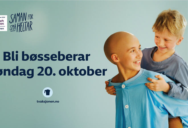 Plakat med bilete av to born og teksten Bli bøsseberar