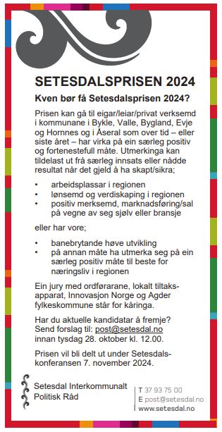 Utlysing Setesdalsprisen 2024 - annonse