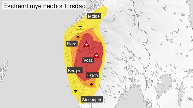 Kart som syner at det skalkoma mykje nedbør i Vestland torsdag.