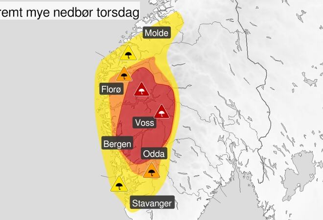 Kart som syner at det skalkoma mykje nedbør i Vestland torsdag.