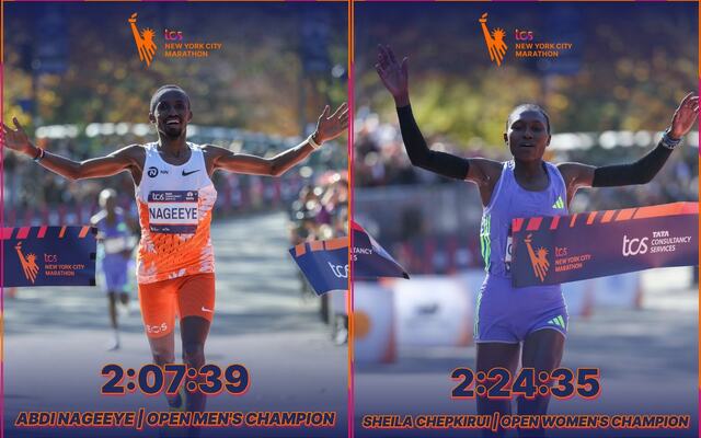 Vinnerne av New York City Marathon 2024: Abdi Nageeye og Sheila Chepkirui. (Foto fra løpets facebookside)