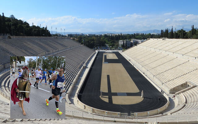 Målgang er på den antikke Panathenaic stadion som ble renovert til OL i Athen i 1896. (Foto: Wikipedia og Arne Storheim)
