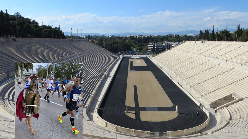 Målgang er på den antikke Panathenaic stadion som ble renovert til OL i Athen i 1896. (Foto: Wikipedia og Arne Storheim)