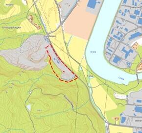 Oversiktsbilde over et område, markert med rødt.