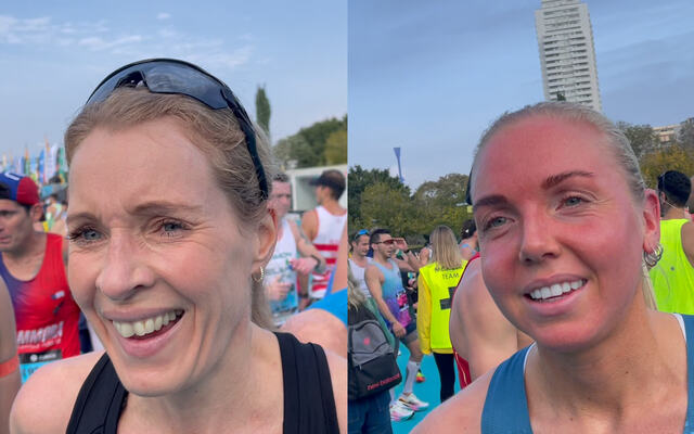 Silje Eklund (til venstre) og Marte Mæhlum Johansen var de to beste norske kvinnene i Valencia Marathon. Silje er en rutinert maratonløper som har vært norgesmester på distansen. Marte er tidligere langrennsløper som nå debuterte på maraton. (Foto: Arne Dag Myking)