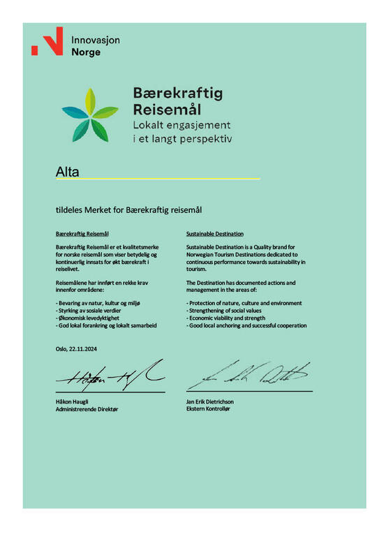 Diplom som viser at Alta er merket som Bærekraftig Reisemål