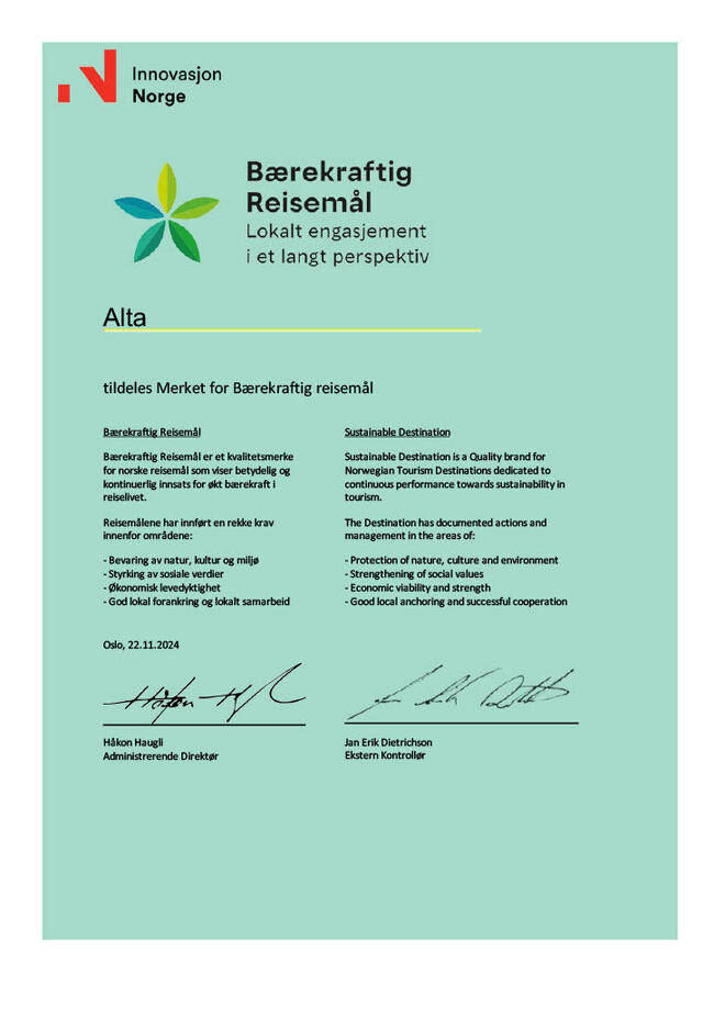 Diplom som viser at Alta er merket som Bærekraftig Reisemål