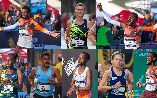 Her er noen av dem som tok nasjonale rekorder i årets Valencia maraton: Tadesse Abraham (Sveits), Andy Buchanan (Australia), Samwel Fitwi (Tyskland), Stella Chesang (Uganda), Cristhian Zamora Debiase (Uruguay), Maru Teferi (Israel), Nóra Szabó (Ungarn), Yohanes Chiappinelli (Italia). (Alle foto: Arne Dag Myking)