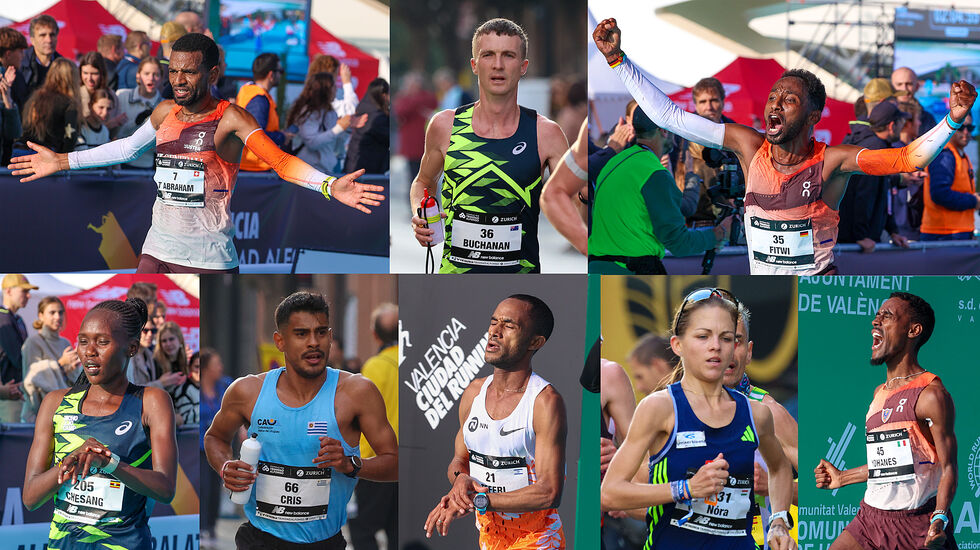 Her er noen av dem som tok nasjonale rekorder i årets Valencia maraton: Tadesse Abraham (Sveits), Andy Buchanan (Australia),  Samwel Fitwi (Tyskland), Stella Chesang (Uganda), Cristhian Zamora Debiase (Uruguay), Maru Teferi (Israel), Nóra Szabó (Ungarn), Yohanes Chiappinelli (Italia). (Alle foto: Arne Dag Myking)